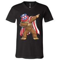 Dabbing Bigfoot 4th Of July Sasquatch American Flag V-Neck T-Shirt