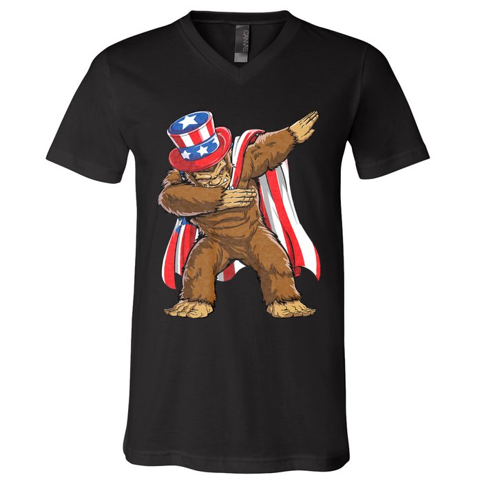 Dabbing Bigfoot 4th Of July Sasquatch American Flag V-Neck T-Shirt