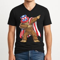 Dabbing Bigfoot 4th Of July Sasquatch American Flag V-Neck T-Shirt