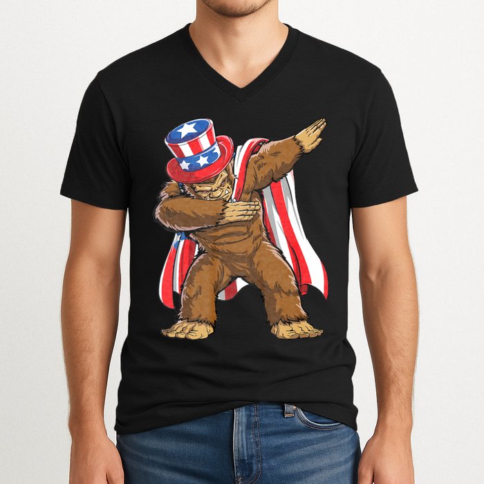 Dabbing Bigfoot 4th Of July Sasquatch American Flag V-Neck T-Shirt