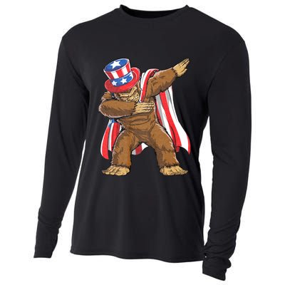 Dabbing Bigfoot 4th Of July Sasquatch American Flag Cooling Performance Long Sleeve Crew