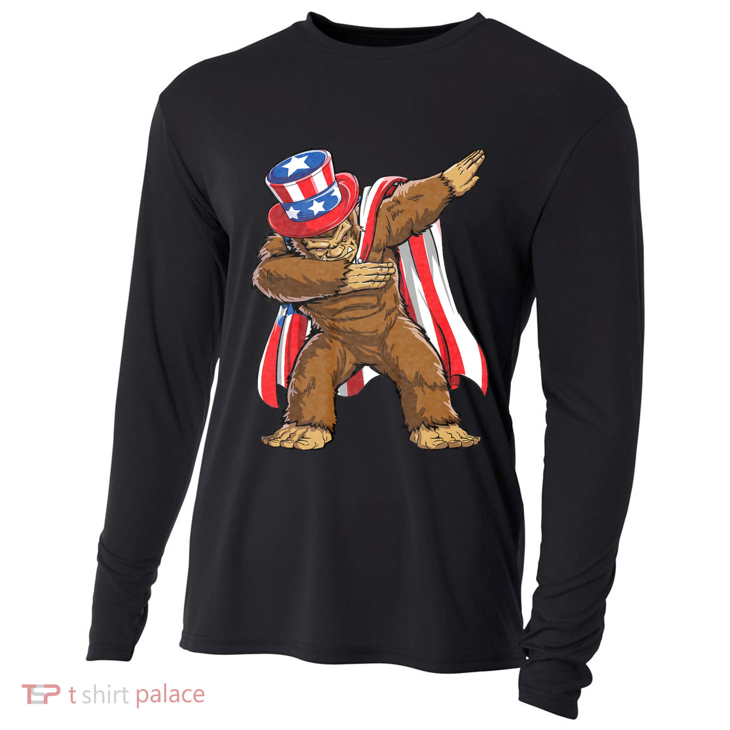 Dabbing Bigfoot 4th Of July Sasquatch American Flag Cooling Performance Long Sleeve Crew