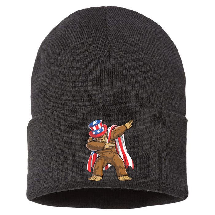 Dabbing Bigfoot 4th Of July Sasquatch American Flag Sustainable Knit Beanie