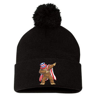 Dabbing Bigfoot 4th Of July Sasquatch American Flag Pom Pom 12in Knit Beanie