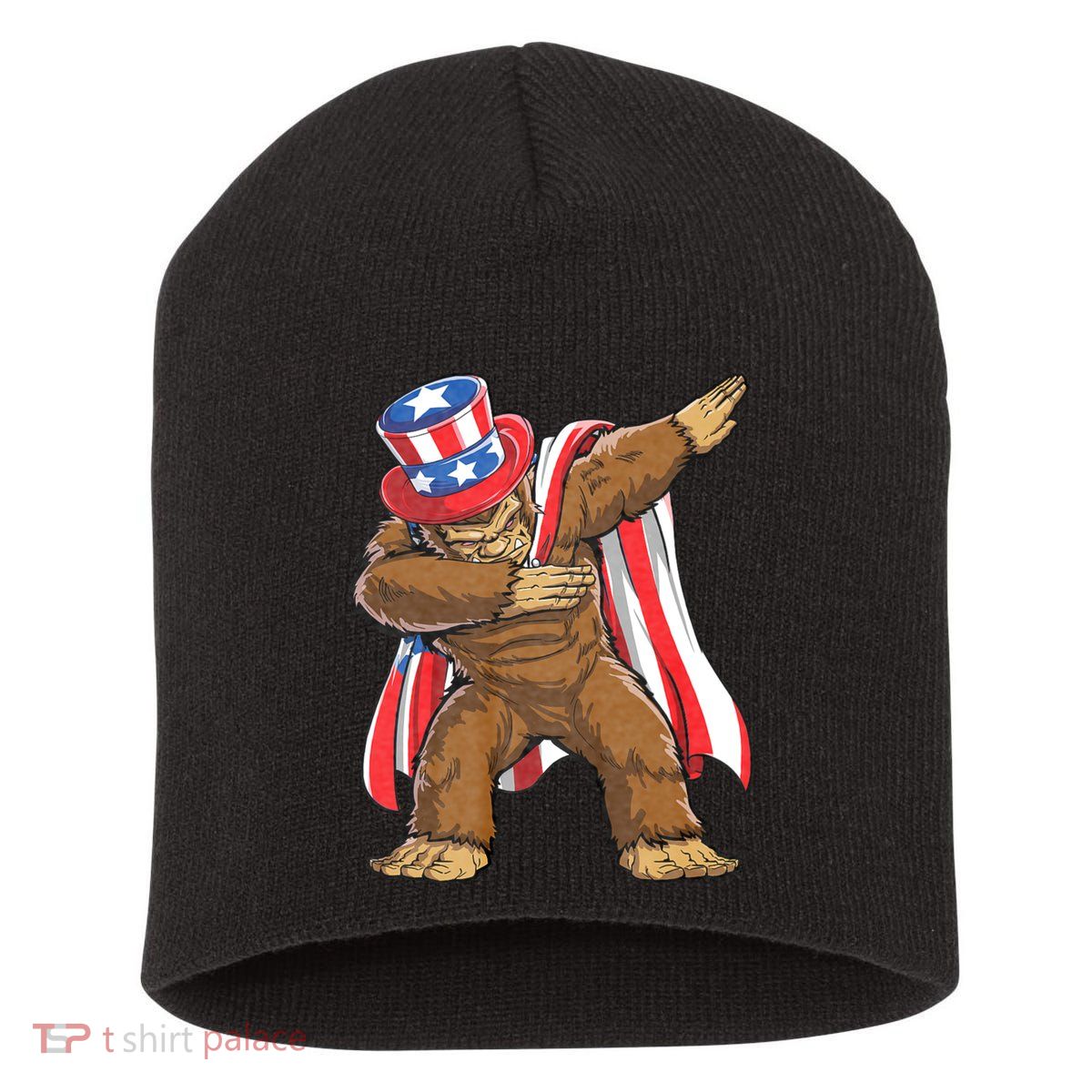 Dabbing Bigfoot 4th Of July Sasquatch American Flag Short Acrylic Beanie