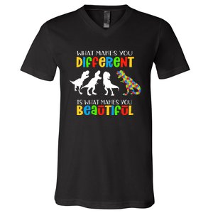 Different Beautiful Autism Awareness Puzzle Piece T Rex V-Neck T-Shirt