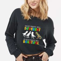 Different Beautiful Autism Awareness Puzzle Piece T Rex Cropped Pullover Crew
