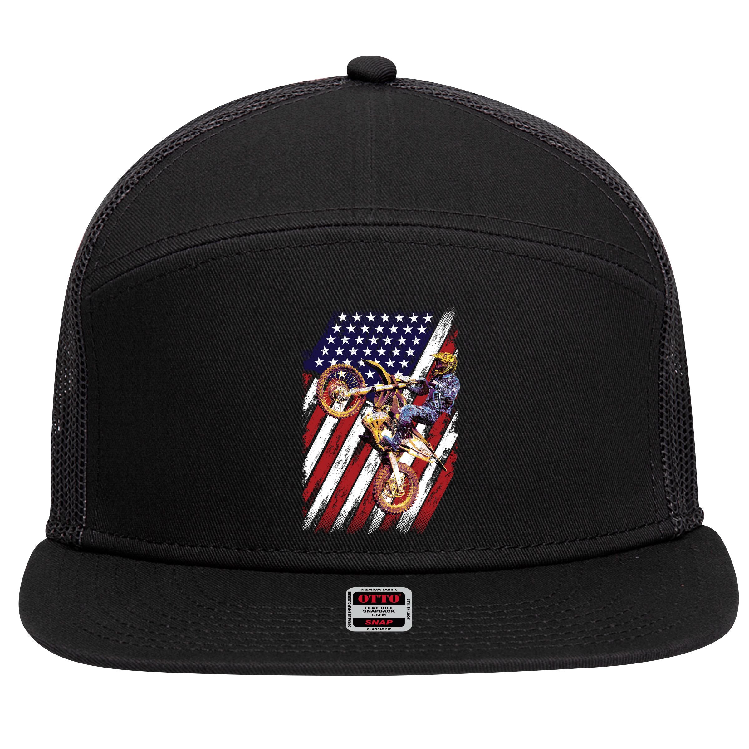 Dirt Bike American Flag Motocross Biker 4th Of July 7 Panel Mesh Trucker Snapback Hat
