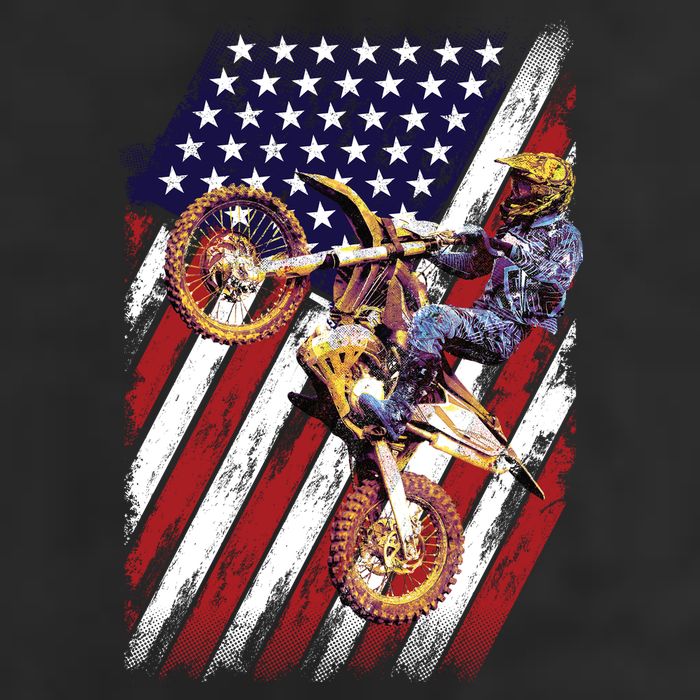 Dirt Bike American Flag Motocross Biker 4th Of July 7 Panel Mesh Trucker Snapback Hat