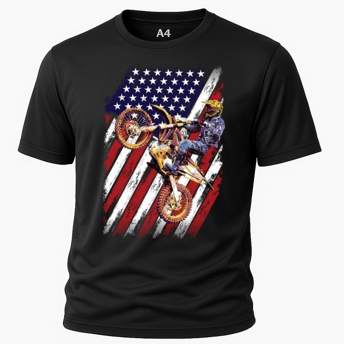 Dirt Bike American Flag Motocross Biker 4th Of July Cooling Performance Crew T-Shirt