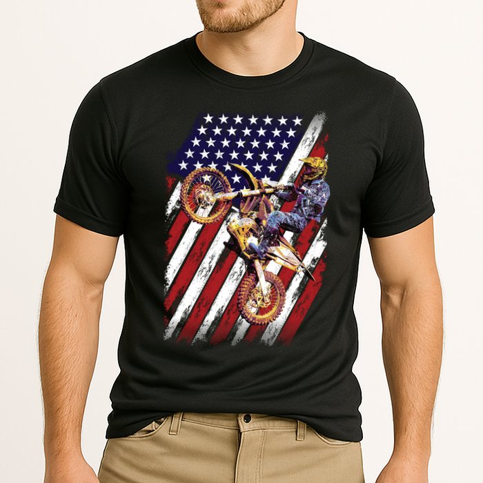 Dirt Bike American Flag Motocross Biker 4th Of July Cooling Performance Crew T-Shirt