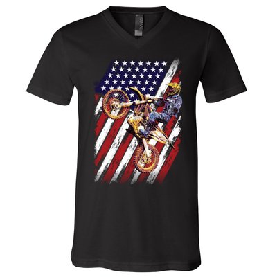 Dirt Bike American Flag Motocross Biker 4th Of July V-Neck T-Shirt