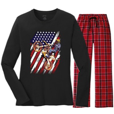 Dirt Bike American Flag Motocross Biker 4th Of July Women's Long Sleeve Flannel Pajama Set 