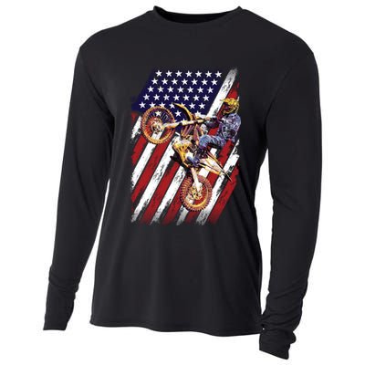 Dirt Bike American Flag Motocross Biker 4th Of July Cooling Performance Long Sleeve Crew