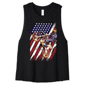 Dirt Bike American Flag Motocross Biker 4th Of July Women's Racerback Cropped Tank