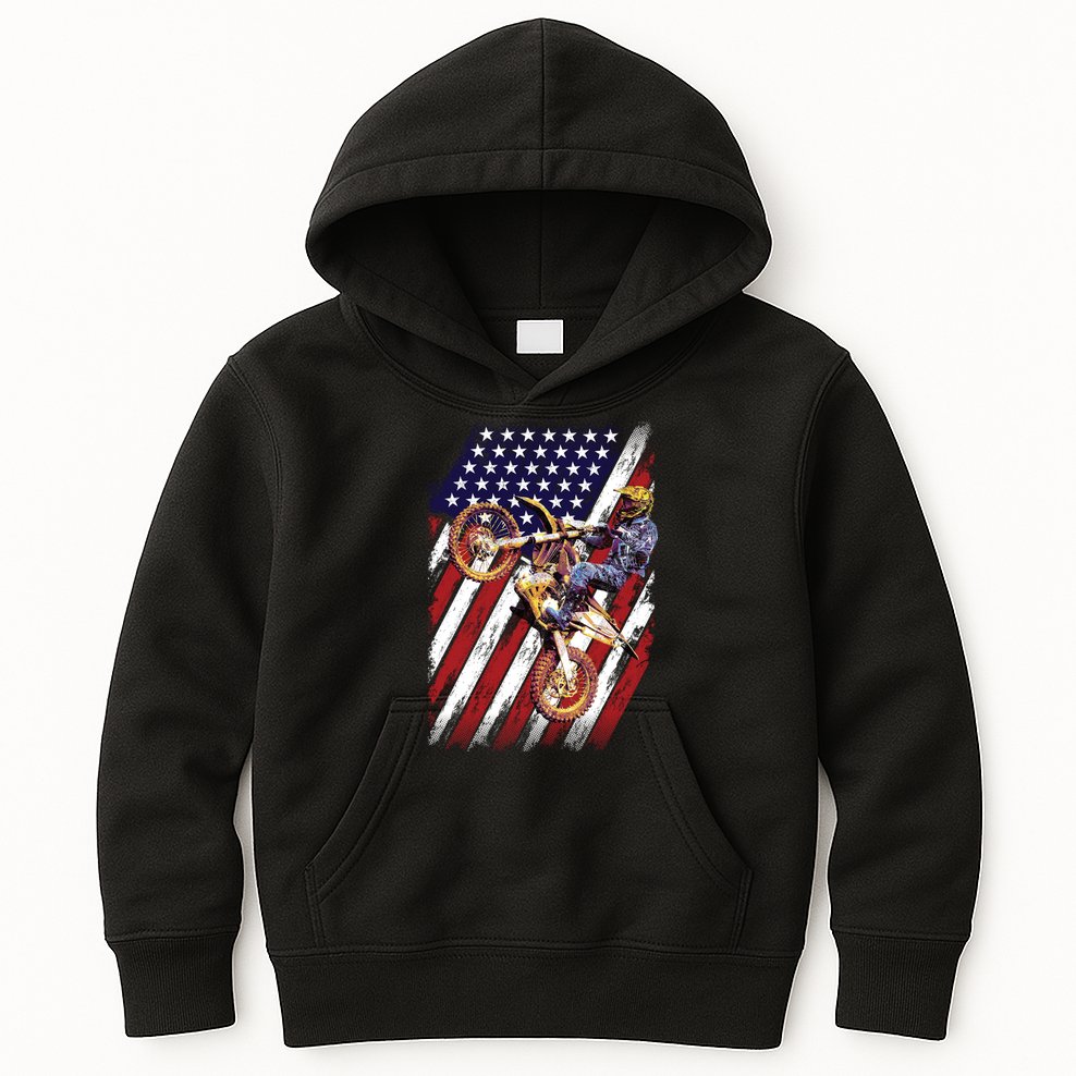 Dirt Bike American Flag Motocross Biker 4th Of July Kids Hoodie