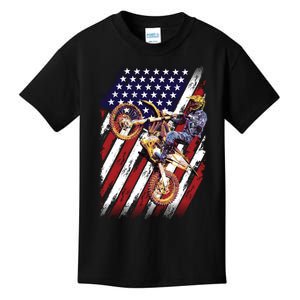 Dirt Bike American Flag Motocross Biker 4th Of July Kids T-Shirt