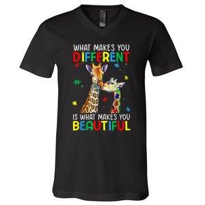 Different Beautiful Autism Awareness Puzzle Piece Giraffe V-Neck T-Shirt