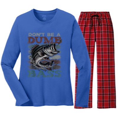 Dont Be A Dumb Bass Funny Bass Fishing Dad Jokes Women's Long Sleeve Flannel Pajama Set 