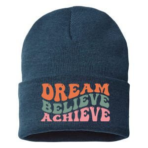 Dream Believe Achieve Positive Quote Sustainable Knit Beanie