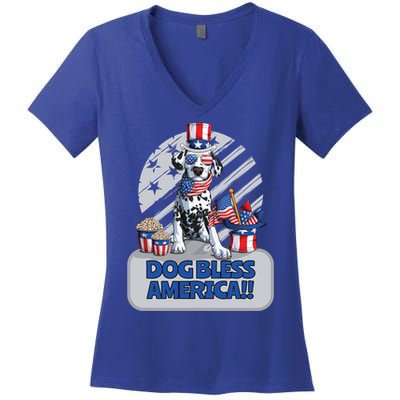 Dog Bless America 4th Of July Dalmation Patriotic Usa Gift Women's V-Neck T-Shirt