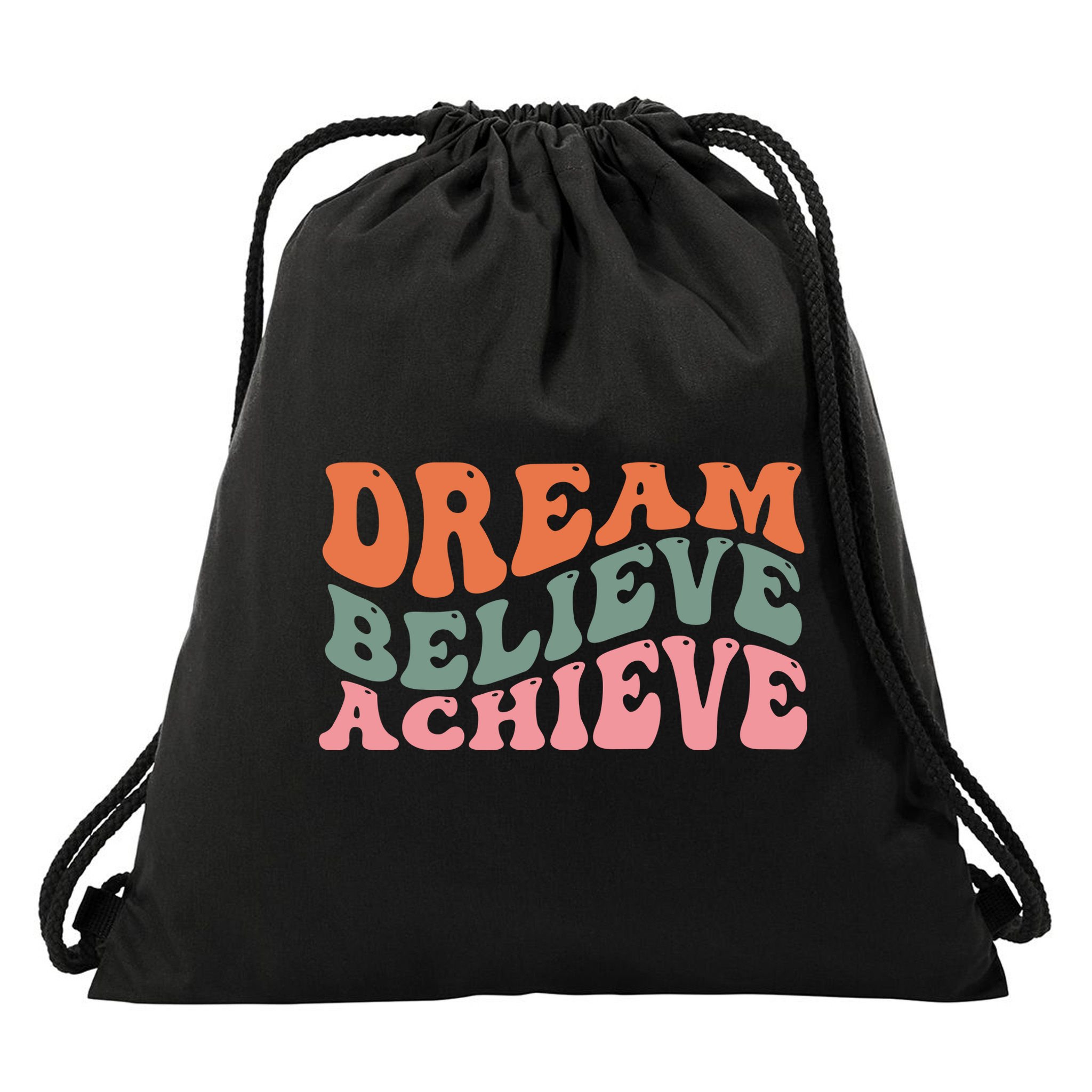 Dream Believe Achieve Retro Quote Drawstring Bag