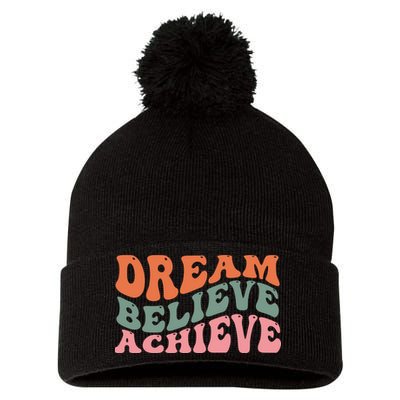 Dream Believe Achieve Retro Quote Pom Pom 12in Knit Beanie