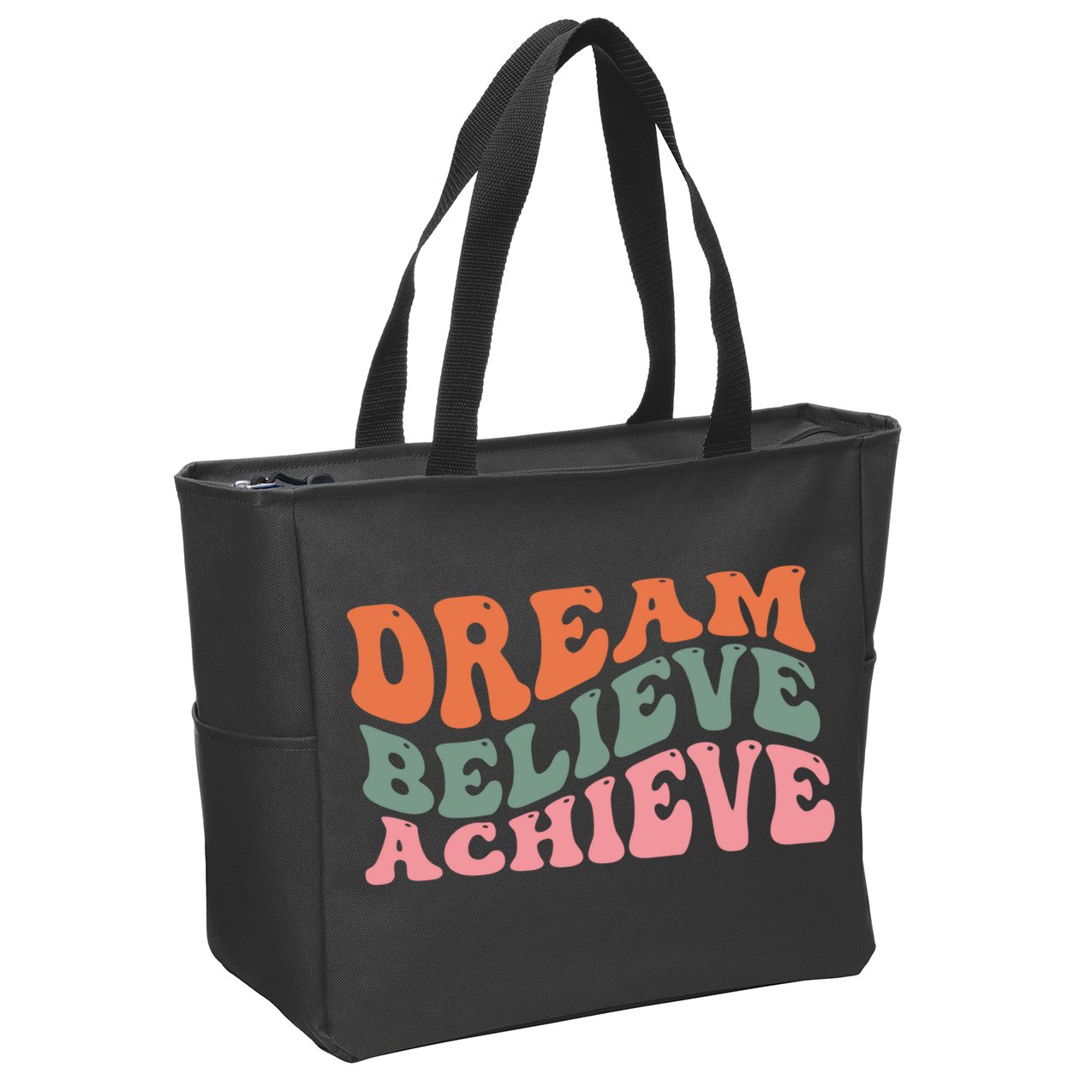 Dream Believe Achieve Retro Quote Zip Tote Bag
