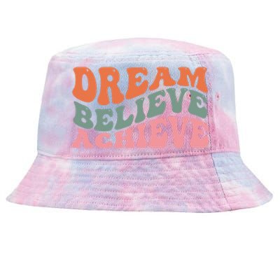 Dream Believe Achieve Retro Quote Tie-Dyed Bucket Hat