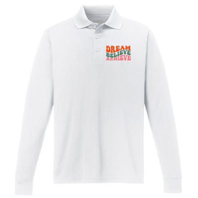 Dream Believe Achieve Retro Quote Performance Long Sleeve Polo