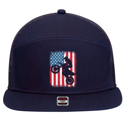 Dirt Bike American Flag Motocross Biker 4th Of July 7 Panel Mesh Trucker Snapback Hat