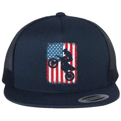 Dirt Bike American Flag Motocross Biker 4th Of July Flat Bill Trucker Hat