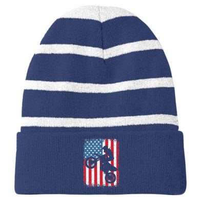 Dirt Bike American Flag Motocross Biker 4th Of July Striped Beanie with Solid Band