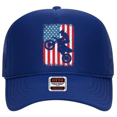 Dirt Bike American Flag Motocross Biker 4th Of July High Crown Mesh Back Trucker Hat