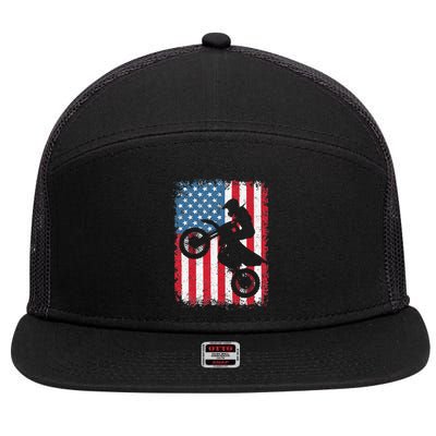 Dirt Bike American Flag Motocross Biker 4th of July 7 Panel Mesh Trucker Snapback Hat