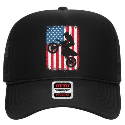 Dirt Bike American Flag Motocross Biker 4th of July High Crown Mesh Back Trucker Hat