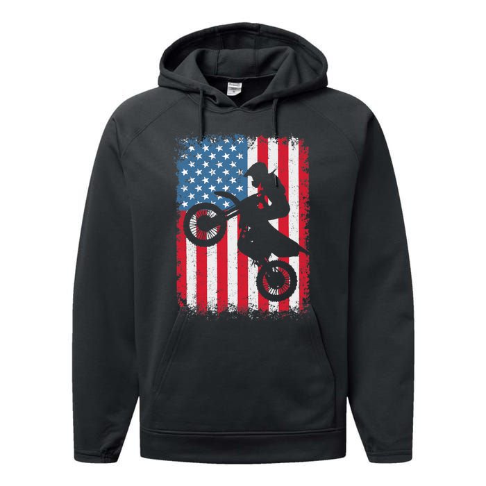 Dirt Bike American Flag Motocross Biker Performance Fleece Hoodie