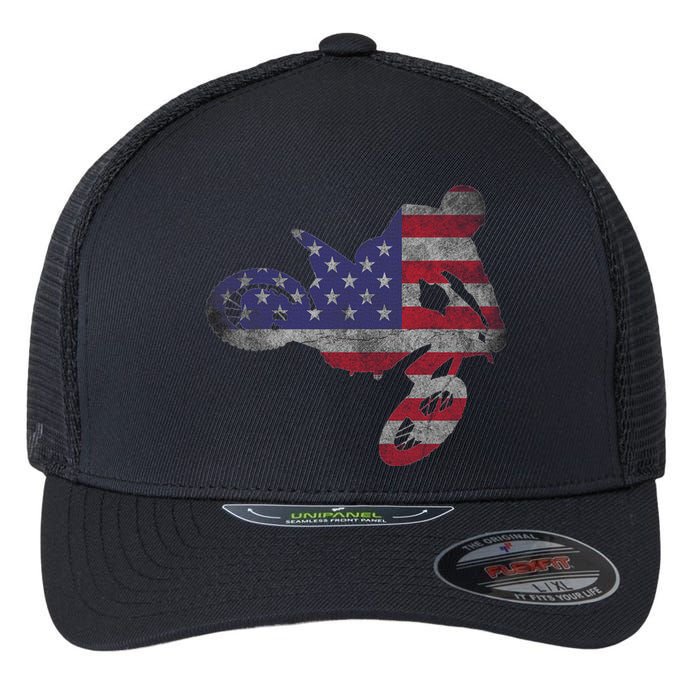 Dirt Bike American Flag Motocross Enduro Flexfit Unipanel Trucker Cap