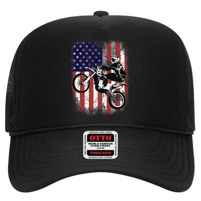 Dirt Bike American Flag Motocross Biker 4th Of July High Crown Mesh Back Trucker Hat