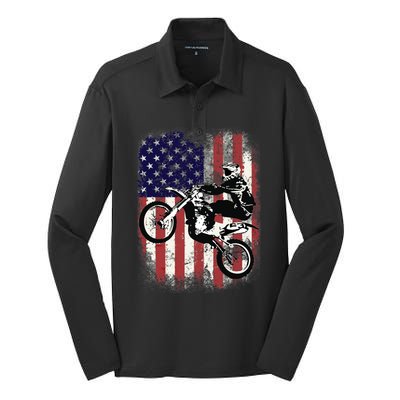 Dirt Bike American Flag Motocross Biker 4th Of July Silk Touch Performance Long Sleeve Polo