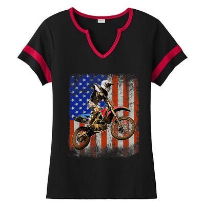 Dirt Bike American Flag Motocross Biker 4th Of July Mens Ladies Halftime Notch Neck Tee