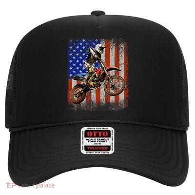 Dirt Bike American Flag Motocross Biker 4th Of July Mens High Crown Mesh Back Trucker Hat