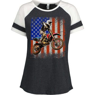 Dirt Bike American Flag Motocross Biker 4th Of July Mens Enza Ladies Jersey Colorblock Tee