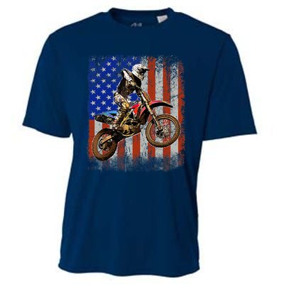 Dirt Bike American Flag Motocross Biker 4th Of July Mens Cooling Performance Crew T-Shirt