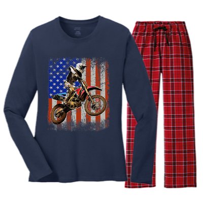 Dirt Bike American Flag Motocross Biker 4th Of July Mens Women's Long Sleeve Flannel Pajama Set 