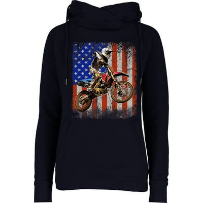 Dirt Bike American Flag Motocross Biker 4th Of July Mens Womens Funnel Neck Pullover Hood