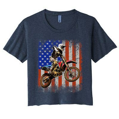 Dirt Bike American Flag Motocross Biker 4th Of July Mens Women's Crop Top Tee