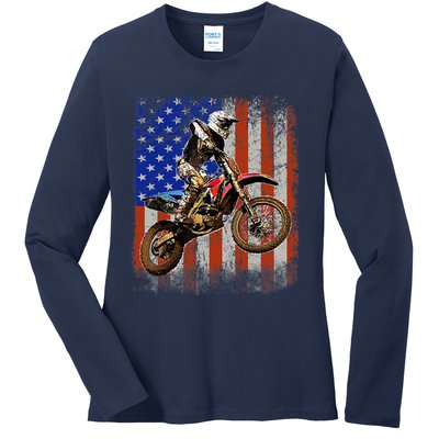 Dirt Bike American Flag Motocross Biker 4th Of July Mens Ladies Long Sleeve Shirt