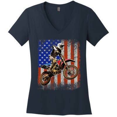 Dirt Bike American Flag Motocross Biker 4th Of July Mens Women's V-Neck T-Shirt