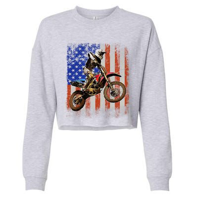 Dirt Bike American Flag Motocross Biker 4th Of July Mens Cropped Pullover Crew